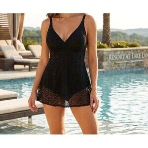 Swim Solutions Black Lace Swim Dress Tummy Control Medium Adjustable Straps